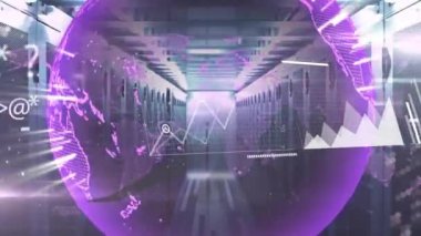 Sunucu odasında dünya ile veri işleme animasyonu. Küresel teknoloji, bilgisayar ve dijital arayüz kavramı dijital olarak oluşturulmuş video.