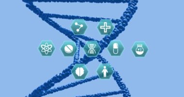 Mavi arka planda DNA üzerinde tıbbi ikonların canlandırılması. Bağlantı, bilim, tıbbi araştırma, sağlık, dijital arayüz ve iletişim, dijital olarak oluşturulmuş video.