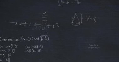 Matematiksel formül katmanlarının animasyonu ve siyah karatahta üzerindeki denklemler. Veri, matematik, araştırma, öğrenme, eğitim ve iletişim, dijital olarak oluşturulmuş video.