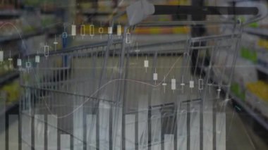 Alışveriş arabasında finansal veri işleme animasyonu. Küresel finans, iş, bağlantılar, hesaplama ve veri işleme kavramı dijital olarak oluşturulmuş video.
