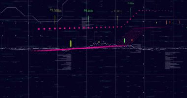 Karanlık arka planda finansal veri işleme sisteminin animasyonu. Küresel finans, iş, bağlantılar, hesaplama ve veri işleme kavramı dijital olarak oluşturulmuş video.