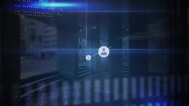 Parlayan ışık yollarının üzerindeki simgelerle bağlantı ağının animasyonu. Küresel finans, iş, bağlantılar, hesaplama ve veri işleme kavramı dijital olarak oluşturulmuş video.