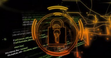 Karanlık arkaplan üzerinde veri işleme ve asma kilit simgesi animasyonu. Küresel siber güvenlik, bağlantılar, hesaplama ve veri işleme kavramı dijital olarak oluşturuldu.