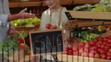 Kafkasyalı çiftler için market alışverişinde finansal veri işleme animasyonu. Küresel alışveriş, finans, bağlantılar, hesaplama ve veri işleme kavramı dijital olarak oluşturulmuş video.