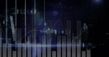 Karanlık arka planda finansal veri işleme animasyonu. Küresel finans, iş, bağlantılar, hesaplama ve veri işleme kavramı dijital olarak oluşturulmuş video.