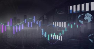 Dünya üzerindeki veri işleme ve diyagramlarının animasyonu. Küresel iş ve dijital arayüz kavramı dijital olarak oluşturulmuş video.