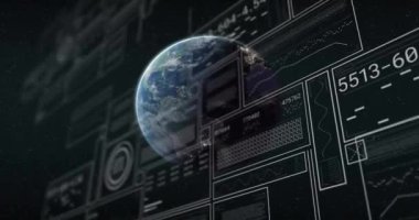 Dünya üzerindeki veri işleme ve diyagramlarının animasyonu. Küresel iş ve dijital arayüz kavramı dijital olarak oluşturulmuş video.