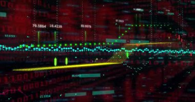 Karanlık arka planda finansal veri işleme sisteminin animasyonu. Küresel finans, iş, bağlantılar, hesaplama ve veri işleme kavramı dijital olarak oluşturulmuş video.