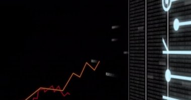 Grafiklerin animasyonu, veri işleme ve kara arkaplanda veri transferi. Ağ, veri, dijital arayüz ve küresel iletişim, dijital olarak oluşturulmuş video.