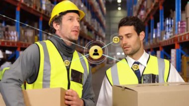 Depoda konuşan farklı işçilerin ikonlarıyla bağlantı ağının animasyonu. Küresel iş, takım çalışması ve dijital arayüz kavramı dijital olarak oluşturulmuş video.