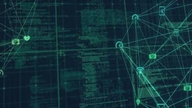 Siyah arkaplanda veri işleme üzerine sosyal medya simgeleriyle bağlantı ağının animasyonu. Dijital olarak oluşturulmuş küresel bağlantılar, bilgisayar ve dijital arayüz kavramı.