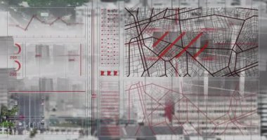 Şehir manzarası üzerinde finansal veri işleme animasyonu. Küresel finans, iş, bağlantılar, hesaplama ve veri işleme kavramı dijital olarak oluşturulmuş video.