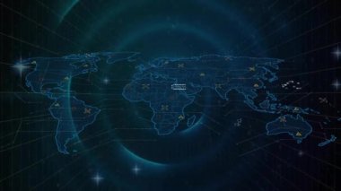 Siyah arka planda daireler üzerinde veri işleme ile dünya haritasının animasyonu. Küresel teknoloji, bilgisayar ve dijital arayüz kavramı dijital olarak oluşturulmuş video.