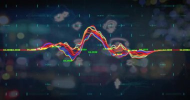 Şehir ışıkları ve karanlık arkaplan üzerindeki veri işleme ve simgelerin canlandırılması. Dijital olarak oluşturulmuş küresel bağlantılar, hesaplama ve veri işleme kavramı.