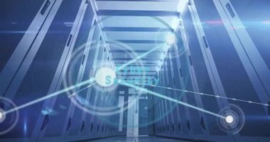 Bilgisayar sunucuları üzerinden bağlantı ve dijital veri işleme animasyonları. Dijital olarak oluşturulmuş küresel bağlantılar, hesaplama ve veri işleme kavramı.