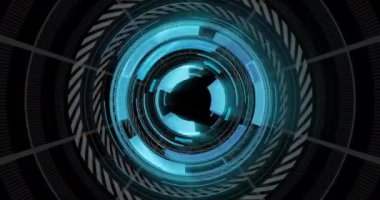 Siyah zemin üzerinde dijital veri işleme ve zincir tünel animasyonu. Dijital olarak oluşturulmuş küresel bağlantılar, hesaplama ve veri işleme kavramı.