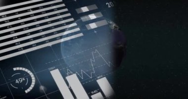 Dünya çapında finansal veri işleme animasyonu. Küresel finans, iş, bağlantılar, hesaplama ve veri işleme kavramı dijital olarak oluşturulmuş video.