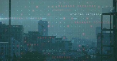 Şehir manzarası üzerinde siber uyarı metni ve veri işleme animasyonu. Küresel siber güvenlik, iş, bağlantılar, hesaplama ve veri işleme kavramı dijital olarak oluşturulmuş video.