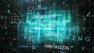 Karanlık arkaplan üzerinde numaraların ve veri işleme animasyonları. Küresel finans, iş, bağlantılar, hesaplama ve veri işleme kavramı dijital olarak oluşturulmuş video.