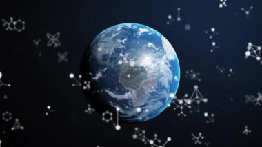 Beyaz iletişim ağlarının ve karanlık arka plandaki kürenin animasyonu. Veri, dijital arayüz, bağlantı, ağ ve küresel iletişim, dijital olarak oluşturulmuş video.