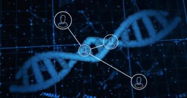 DNA ipliği üzerinde veri işleme ve ortam simgelerinin animasyonu. Küresel bilim ve dijital arayüz kavramı dijital olarak oluşturulmuş video.