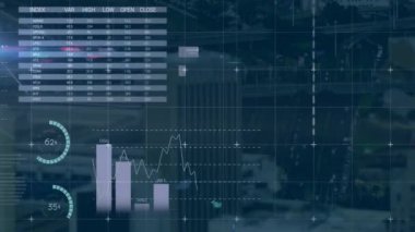 Şehir manzarası üzerindeki veri işleme ve diyagramlarının animasyonu. Küresel iş ve dijital arayüz kavramı dijital olarak oluşturulmuş video.