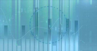 Bilgisayar sunucuları üzerinden finansal veri işleme animasyonu. Küresel finans, iş, bağlantılar, hesaplama ve veri işleme kavramı dijital olarak oluşturulmuş video.