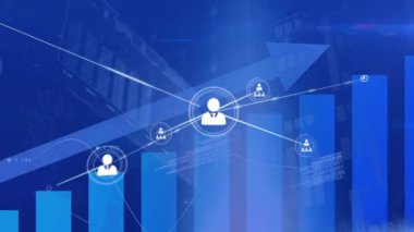 Oklu istatistikler üzerinden ikonlarla bağlantı ağının animasyonu. Küresel finans, iş, bağlantılar, hesaplama ve veri işleme kavramı dijital olarak oluşturulmuş video.