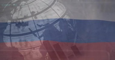 Dünya üzerinde Rusya bayrağının canlandırılması ve verilerin işlenmesi. Rusça, veri, bağlantı, dijital arayüz ve küresel iletişim, dijital olarak oluşturulmuş video.