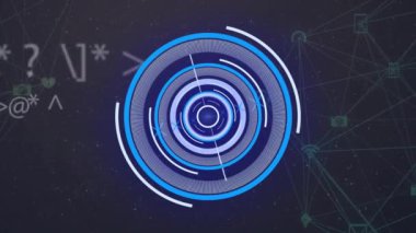 Karanlık arka plandaki veri işleme üzerinde dairesel tarayıcının animasyonu. Veri, dijital arayüz, bağlantı, işlem ve iletişim, dijital olarak oluşturulmuş video.