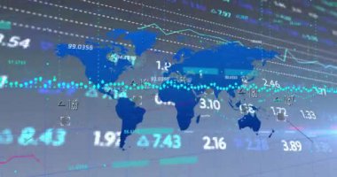 Dünya haritasında finansal veri işleme animasyonu. Küresel finans, iş, bağlantılar, hesaplama ve veri işleme kavramı dijital olarak oluşturulmuş video.
