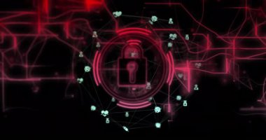 Karanlık arkaplan üzerinde veri işleme ve asma kilit simgesi animasyonu. Küresel siber güvenlik, bağlantılar, hesaplama ve veri işleme kavramı dijital olarak oluşturuldu.