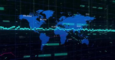 Dünya haritasında finansal veri işleme animasyonu. Küresel finans, iş, bağlantılar, hesaplama ve veri işleme kavramı dijital olarak oluşturulmuş video.