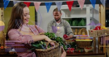 Kafkas kadın bakkal alışverişi üzerine veri işleme animasyonu. Küresel alışveriş, iş, bağlantılar, hesaplama ve veri işleme kavramı dijital olarak oluşturulmuş video.