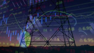 Elektrik direği üzerinde finansal veri işleme animasyonu. Küresel finans, iş ve dijital arayüz kavramı dijital olarak oluşturulmuş video.