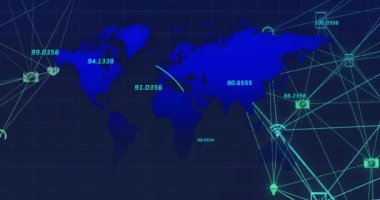 Finansal veri işlemenin animasyonu ve dünya haritası üzerindeki bağlantı ağı kara arka planda. Küresel finansman, iş ve dijital arayüz kavramı dijital olarak oluşturulmuş video.