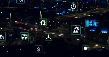 Gece şehrindeki ekoloji ikonlarının animasyonu. Küresel teknoloji ve dijital arayüz konsepti dijital olarak oluşturulmuş video.