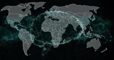 İnsan beyni ve dünya haritası üzerinde veri işleme animasyonu. Küresel bilim, bağlantılar, hesaplama ve veri işleme kavramı dijital olarak oluşturulmuş video.