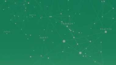 Yeşil arkaplandaki bağlantı ağı ve numaraların animasyonu. Dijital olarak oluşturulmuş küresel bağlantılar, hesaplama ve veri işleme kavramı.