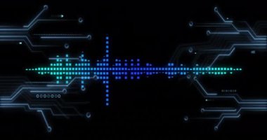 Karanlık arka planda veri işleme ve devre kartı animasyonu. Küresel siber güvenlik, bağlantılar, hesaplama ve veri işleme kavramı dijital olarak oluşturuldu.