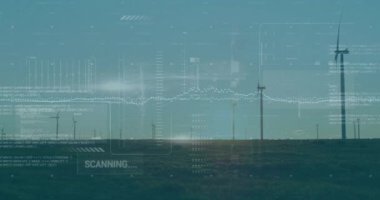 Rüzgar türbinleri üzerinde finansal veri işleme animasyonu. Küresel çevre, iş, bağlantılar, hesaplama ve veri işleme kavramı dijital olarak oluşturulmuş video.
