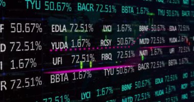 Siyah arkaplan üzerinden finansal veri işleme animasyonu. Küresel finans, iş, bağlantılar, hesaplama ve veri işleme kavramı dijital olarak oluşturulmuş video.