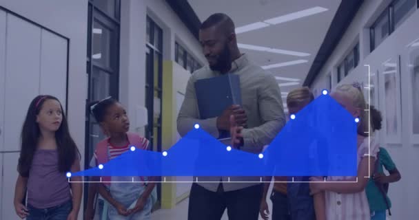 教室の多様な学童と男性教師を超えたデータ処理のアニメーション グローバル教育 コネクション コンピューティング データ処理コンセプトデジタル生成ビデオ — ストック動画
