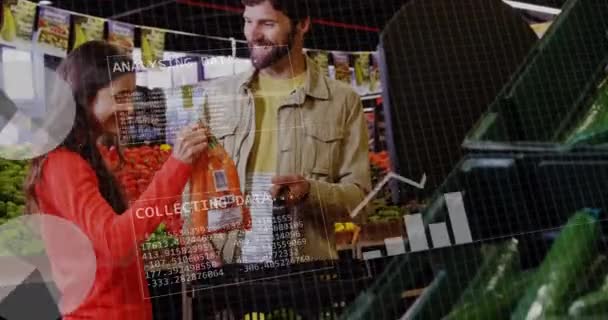 Animación Del Procesamiento Datos Través Compras Comestibles Pareja Caucásica Compras — Vídeo de stock