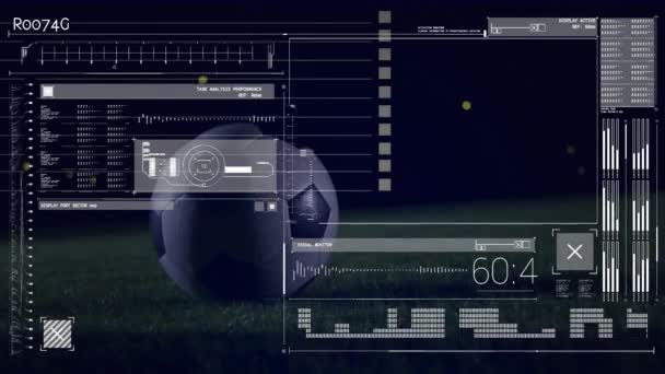 Анимация Обработки Данных Интерфейсе Над Ногами Футбольного Мяча Цифровой Интерфейс — стоковое видео
