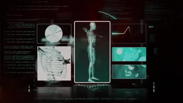 スキャナ 処理データを用いた医療インタフェースを使用した慎重な手のアニメーション デジタル インターフェイス ヘルスケア 医学研究 処理およびコミュニケーション デジタル生成されたビデオ — ストック動画