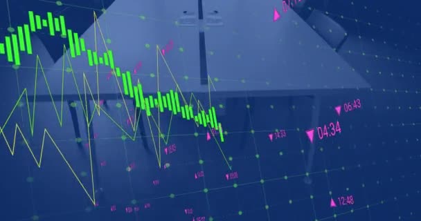 空のオフィス上の金融データ処理のアニメーション グローバルファイナンス ビジネス コネクション コンピューティング データ処理コンセプトデジタル生成ビデオ — ストック動画