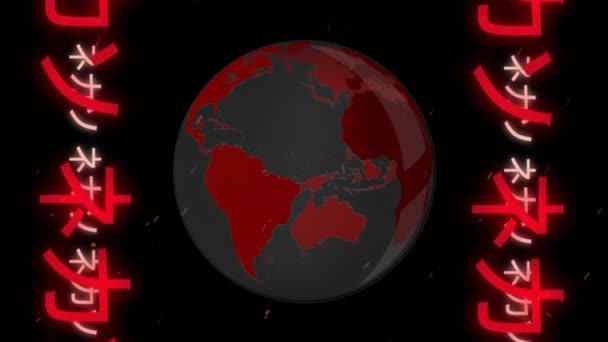 Анимация Китайских Символов Над Вращающимся Земным Шаром Глобальные Технологии Концепция — стоковое видео