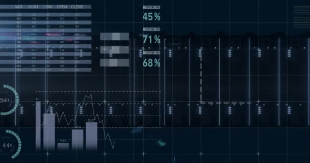 Animering Databehandling Och Diagram Över Världskartan Svart Bakgrund Globalt Affärs — Stockvideo