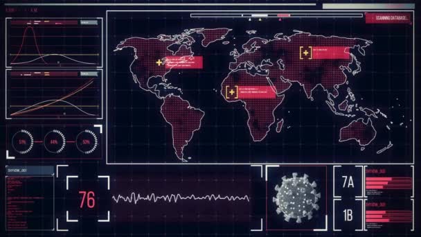 Animation Von Virenzellen Und Datenverarbeitung Über Die Weltkarte Pandemie Und — Stockvideo